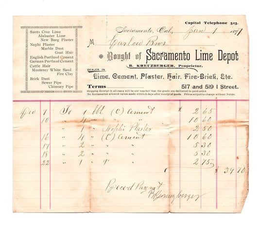 Sacramento California 1887 Sacramento Lime Depot Fire Brick Billhead - 7 x 8