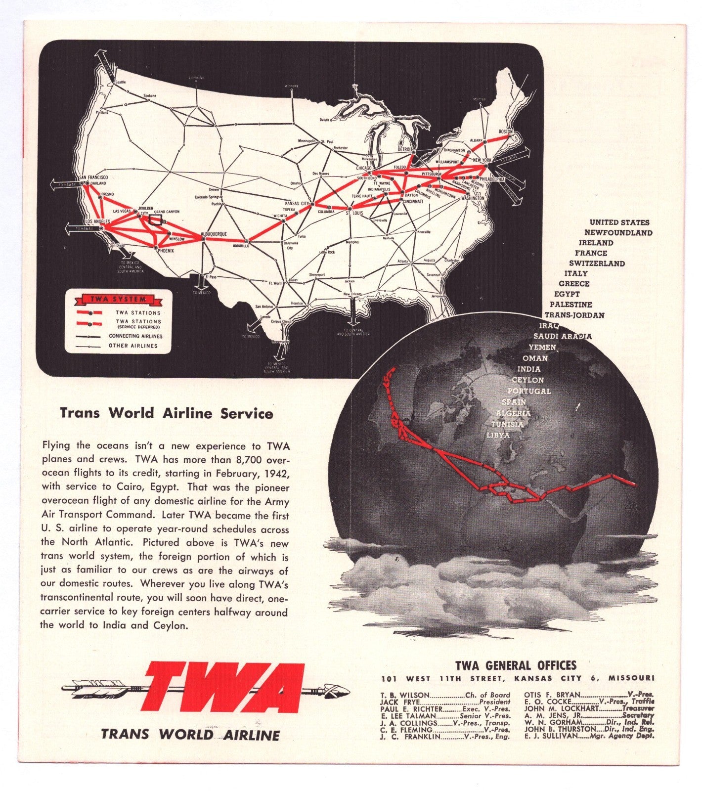 TWA Trans World Airlines 1946 Paris Eiffel Tower System Time Table Brochure