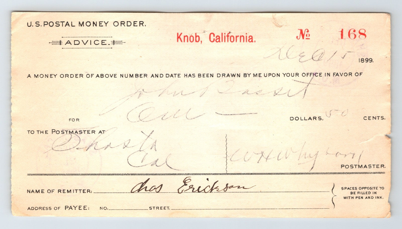 Knob California 1899 U S Postal Money Order Advice Shasta County document