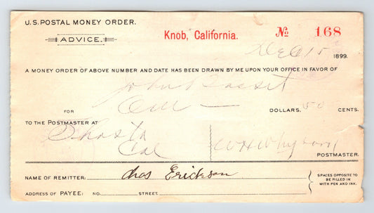 Knob California 1899 U S Postal Money Order Advice Shasta County document