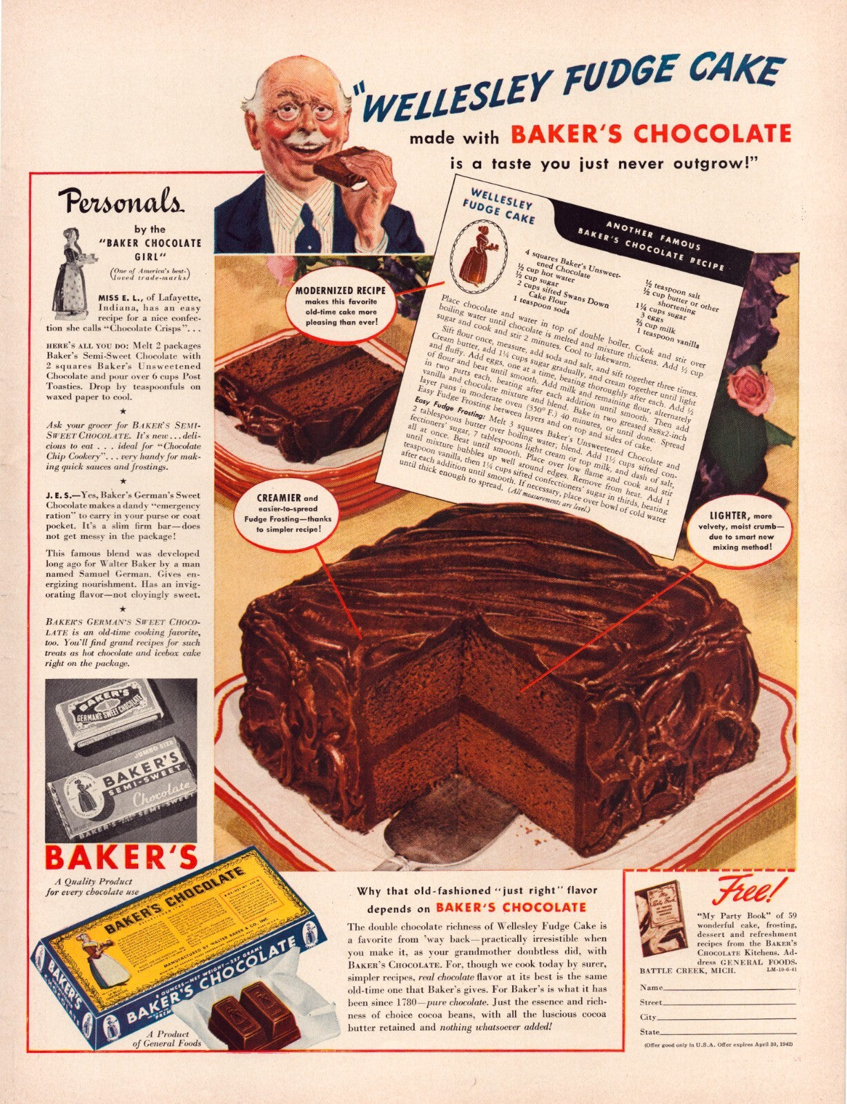 Baker’s Chocolate 1941 Wellesley Fudge Cake Recipe Print Ad 10.5 x 13.5