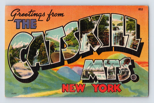 Catskill Mountains New York large letter linen postcard scenic views