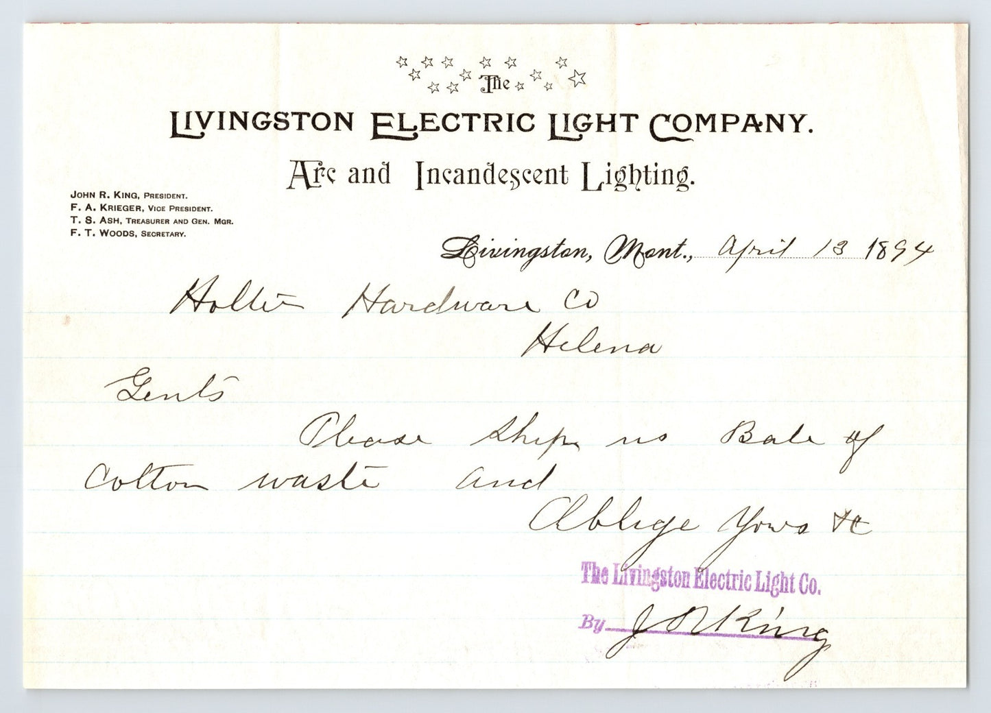 Livingston Montana 1894 Livingston Electric Light Company Arc and Incandescent Lighting Letter