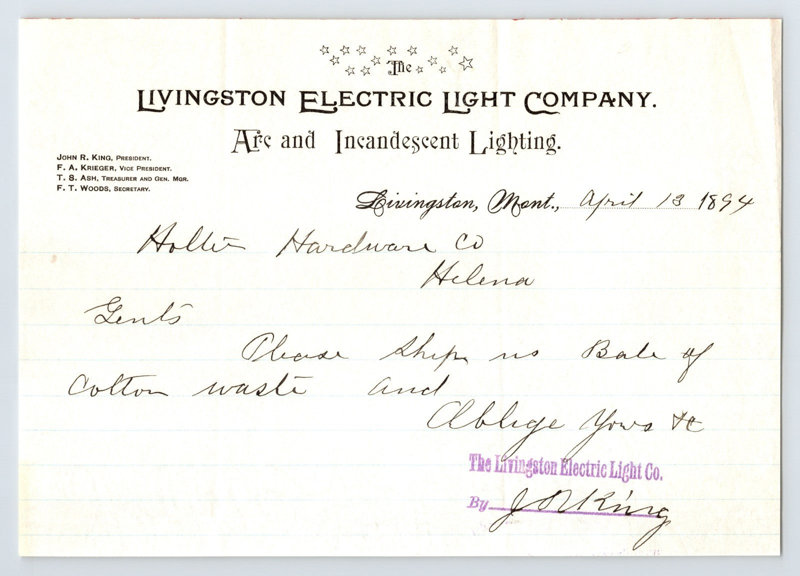 Livingston Montana 1894 Livingston Electric Light Company Arc and Incandescent Lighting Letter