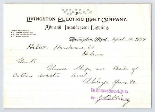 Livingston Montana 1894 Livingston Electric Light Company Arc and Incandescent Lighting Letter