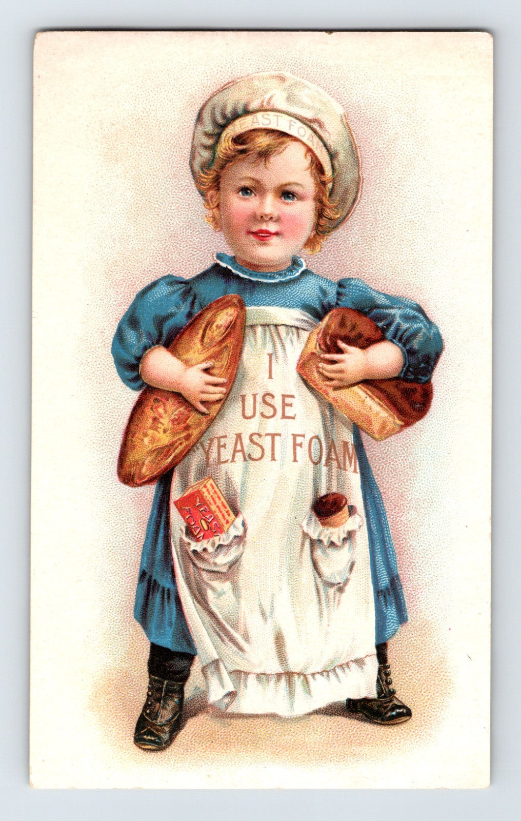 Yeast Foam trade card little baker girl holding bread apron advertising 1890s