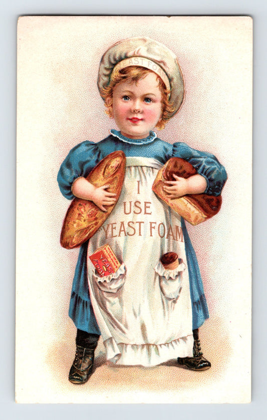 Yeast Foam trade card little baker girl holding bread apron advertising 1890s