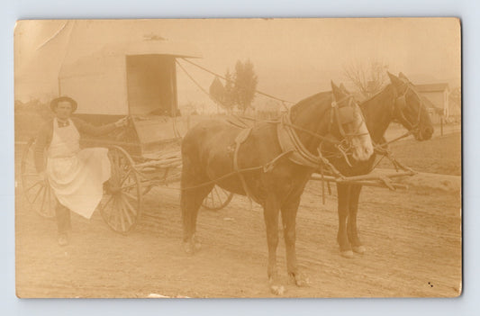 Oakville California 1912 real photo postcard showing delivery man beside horse-drawn wagon on rural Napa County dirt road.