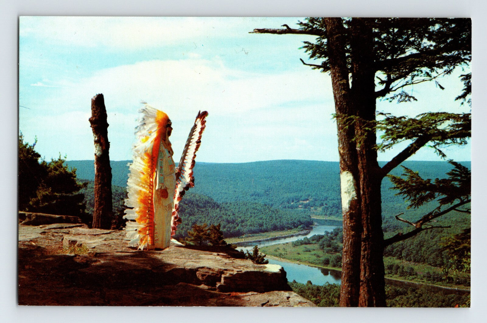Narrowsburg New York Ten Mile River Boy Scout Camp scenic overlook figure in headdress 1960s postcard