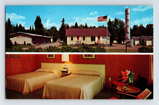 Duluth Minnesota Gardenwood Motel 1960s postcard showing roadside motel exterior with neon sign and interior room with twin beds
