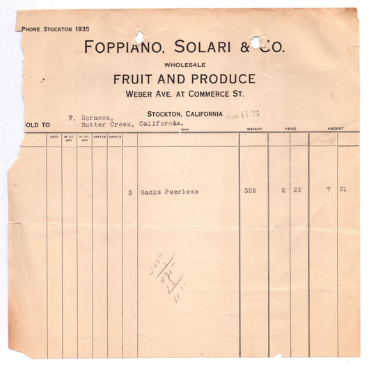 Stockton California Foppiano Solari Company 1926 billhead fruit produce wholesale document Weber Avenue Commerce Street invoice layout