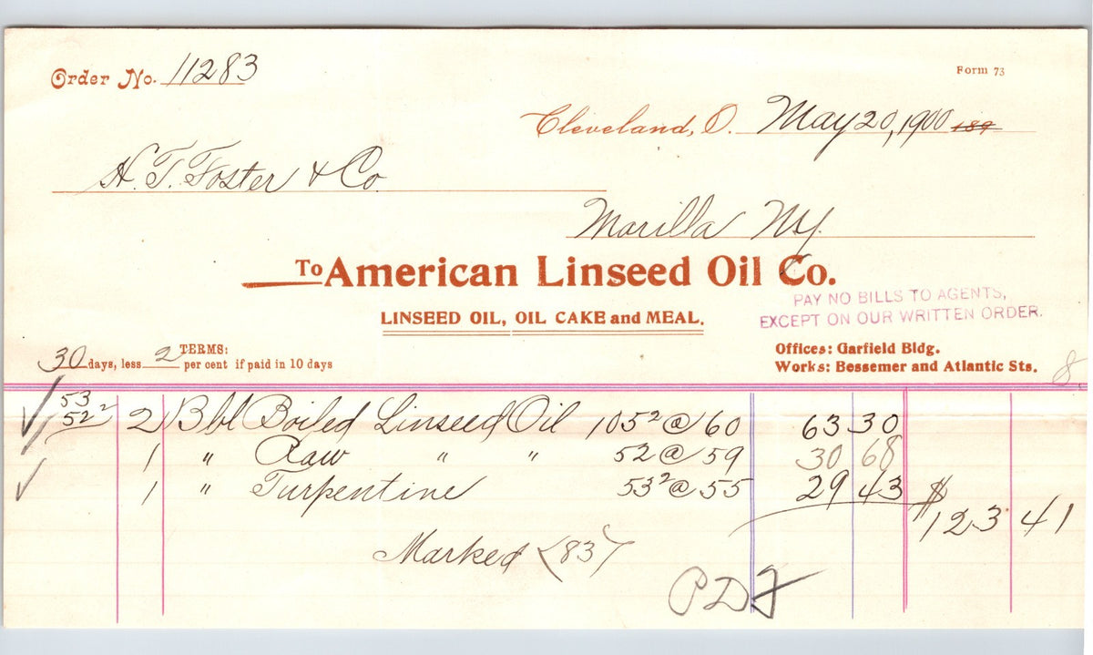 Cleveland Ohio 1900 American Linseed Oil Billhead 8.5 x 4.5