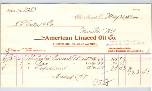 Cleveland Ohio 1900 American Linseed Oil Billhead 8.5 x 4.5