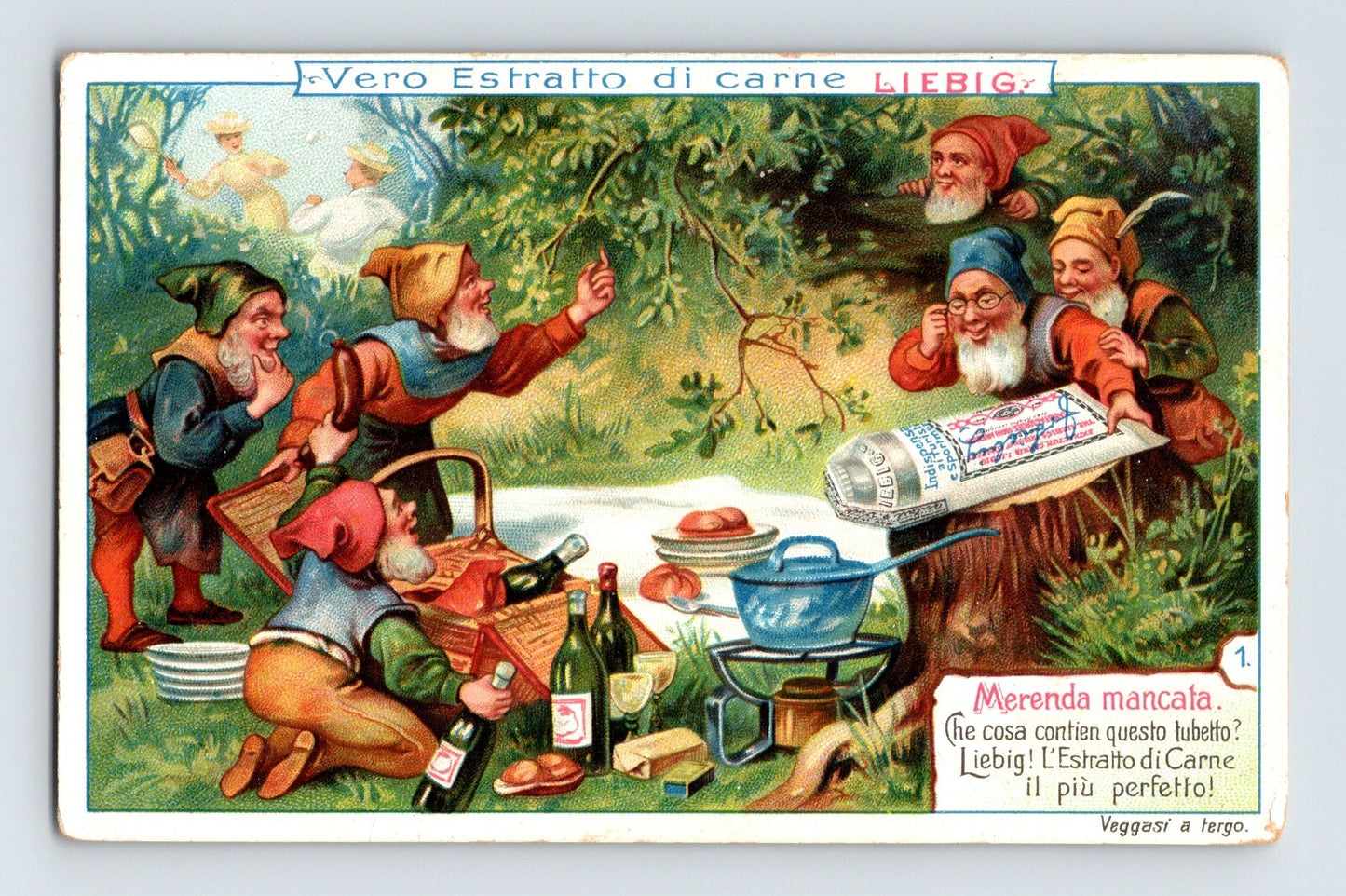 Vero Estratto di carne Liebig 1890s Italian trade card showing gnomes picnicking with meat extract tin and cooking pot