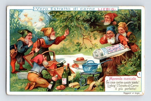 Vero Estratto di carne Liebig 1890s Italian trade card showing gnomes picnicking with meat extract tin and cooking pot