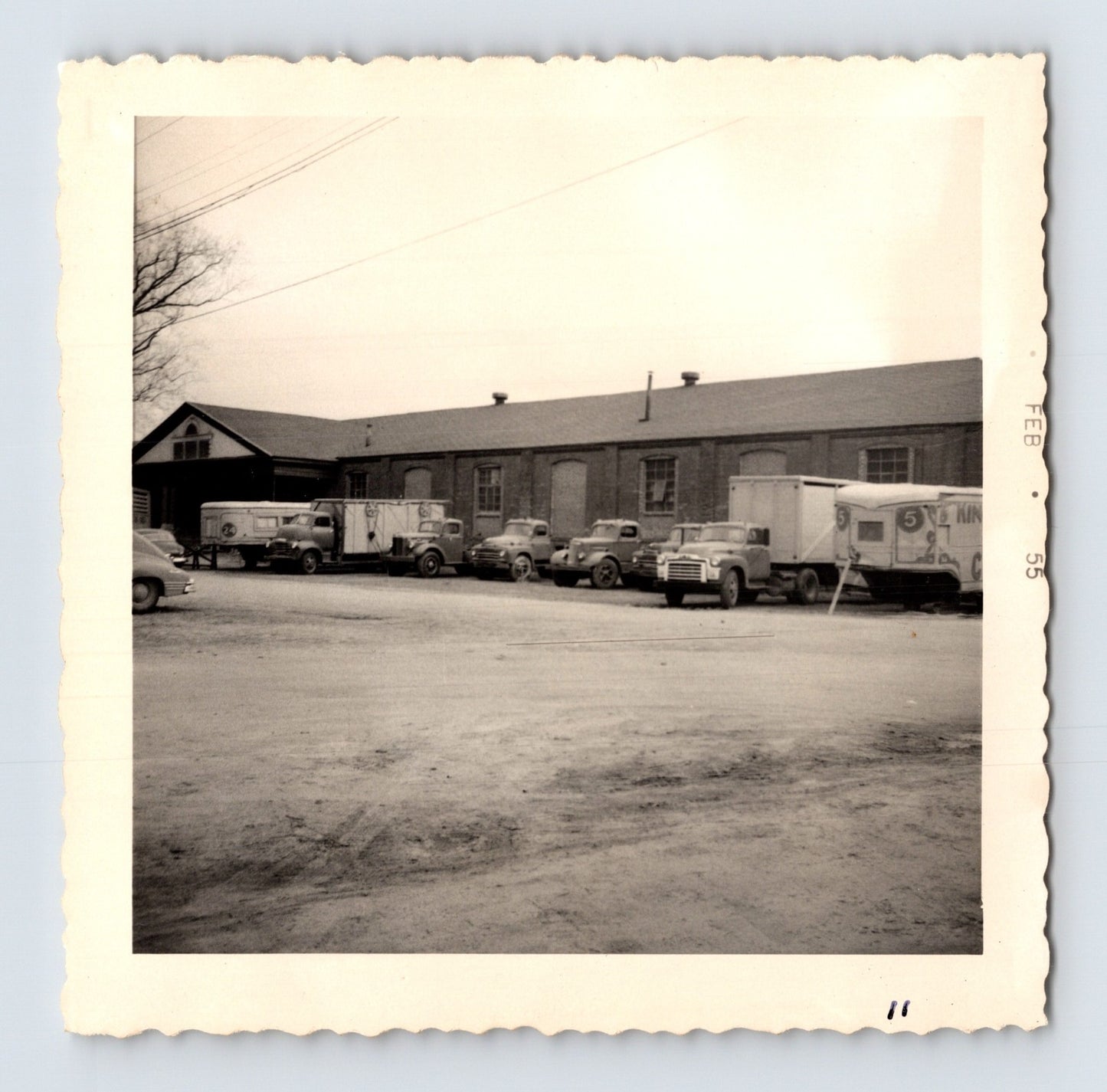 King Bros Circus trucks and trailers lined up outside brick winter quarters building February 1955 photo