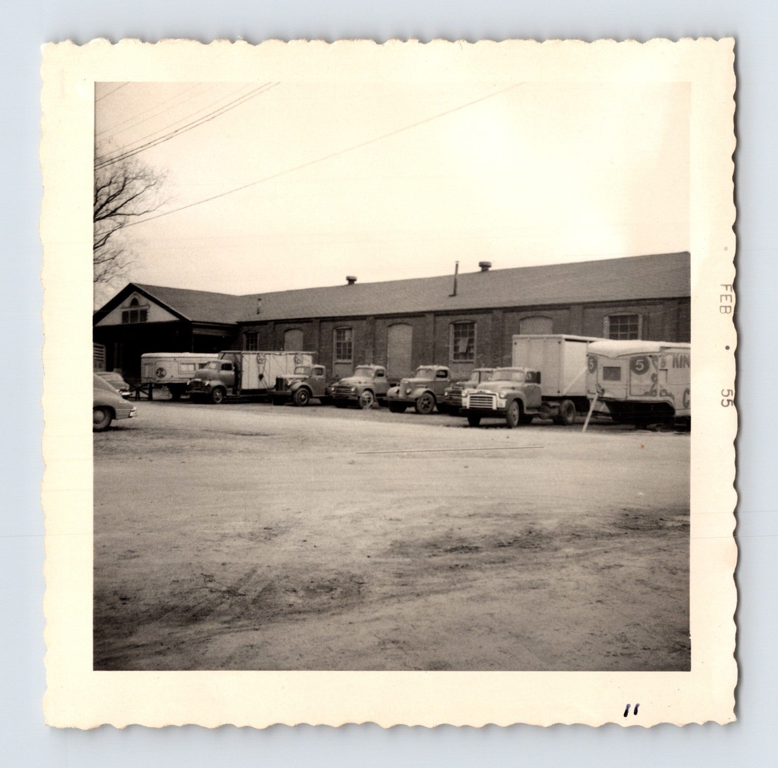 King Bros Circus trucks and trailers lined up outside brick winter quarters building February 1955 photo