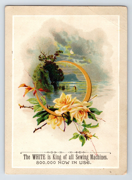 White Sewing Machine Victorian trade card yellow roses lake landscape ornate design 1890s