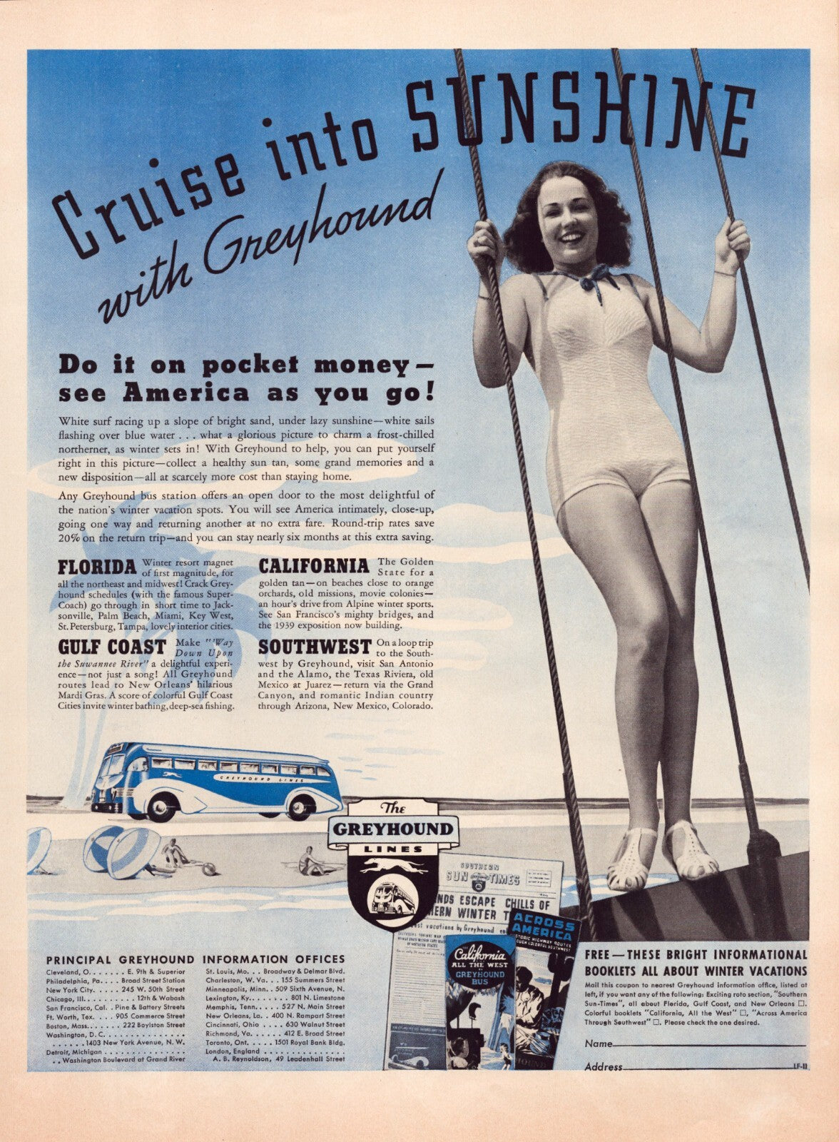Greyhound Bus 1937 Swimsuit Model Pin Up Full Page Print Ad 10.5 x 13.5