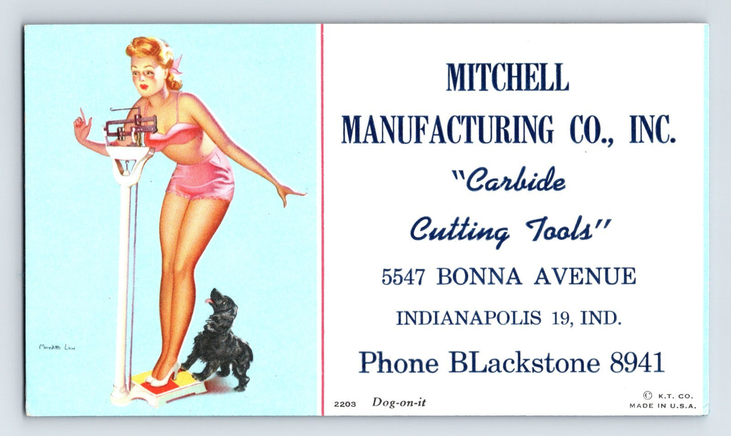 1940s Mitchell Manufacturing Indianapolis advertising blotter illustrated by Meredith Law with pin-up woman and black dog