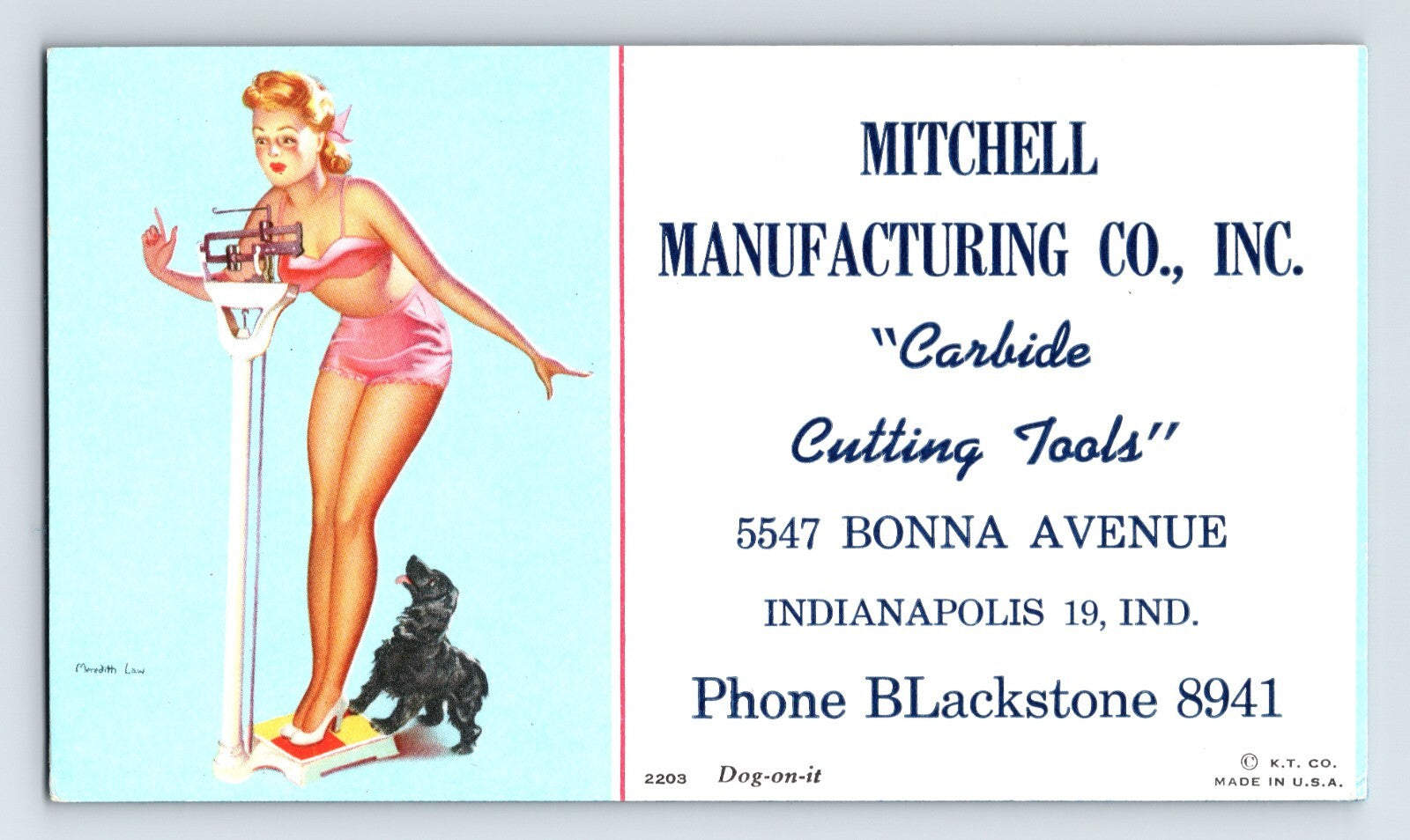 1940s Mitchell Manufacturing Indianapolis advertising blotter illustrated by Meredith Law with pin-up woman and black dog
