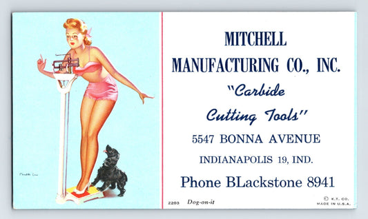 1940s Mitchell Manufacturing Indianapolis advertising blotter illustrated by Meredith Law with pin-up woman and black dog
