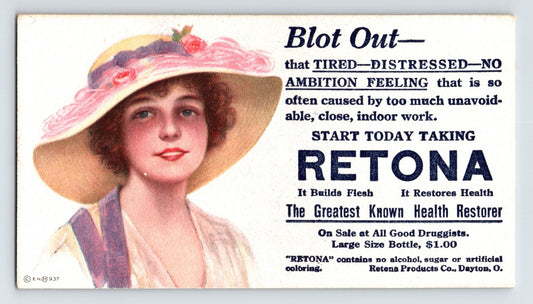 Retona health tonic advertising blotter woman hat Dayton Ohio 1920s