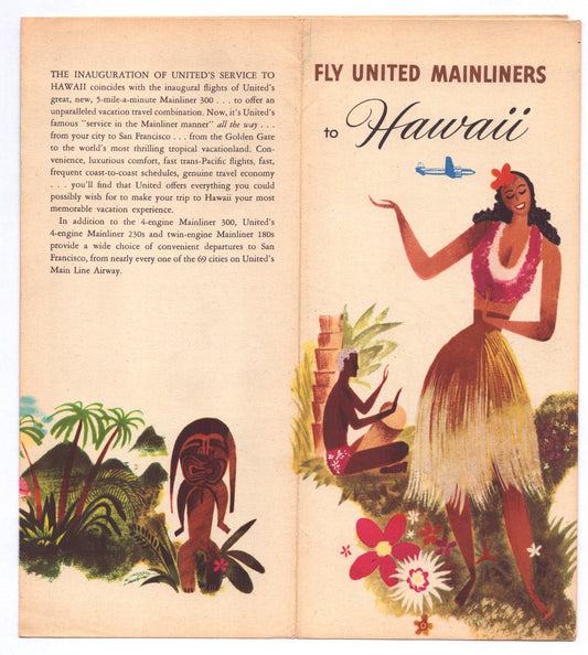 United Airlines 1950s Hawaii Tiki MCM System Time Table Brochure