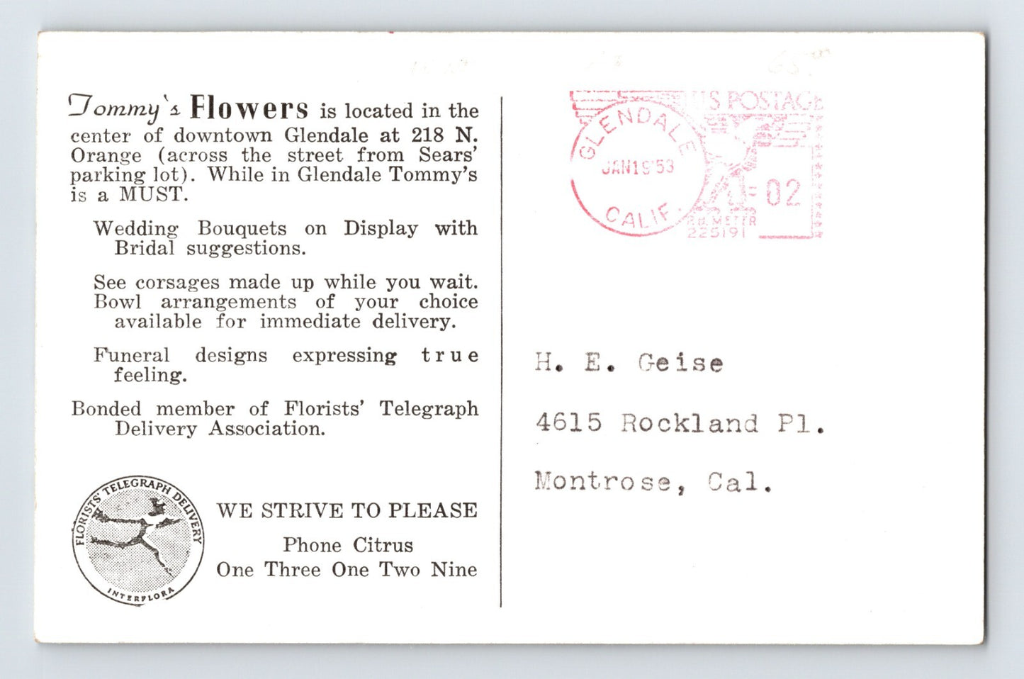 Glendale California Tommy’s Flowers Florist 1953 RPPC Postcard Posted