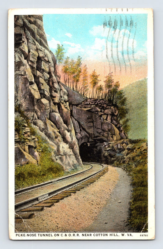 Railroad tracks entering Poke Nose Tunnel Cotton Hill West Virginia Chesapeake and Ohio Railway postcard view