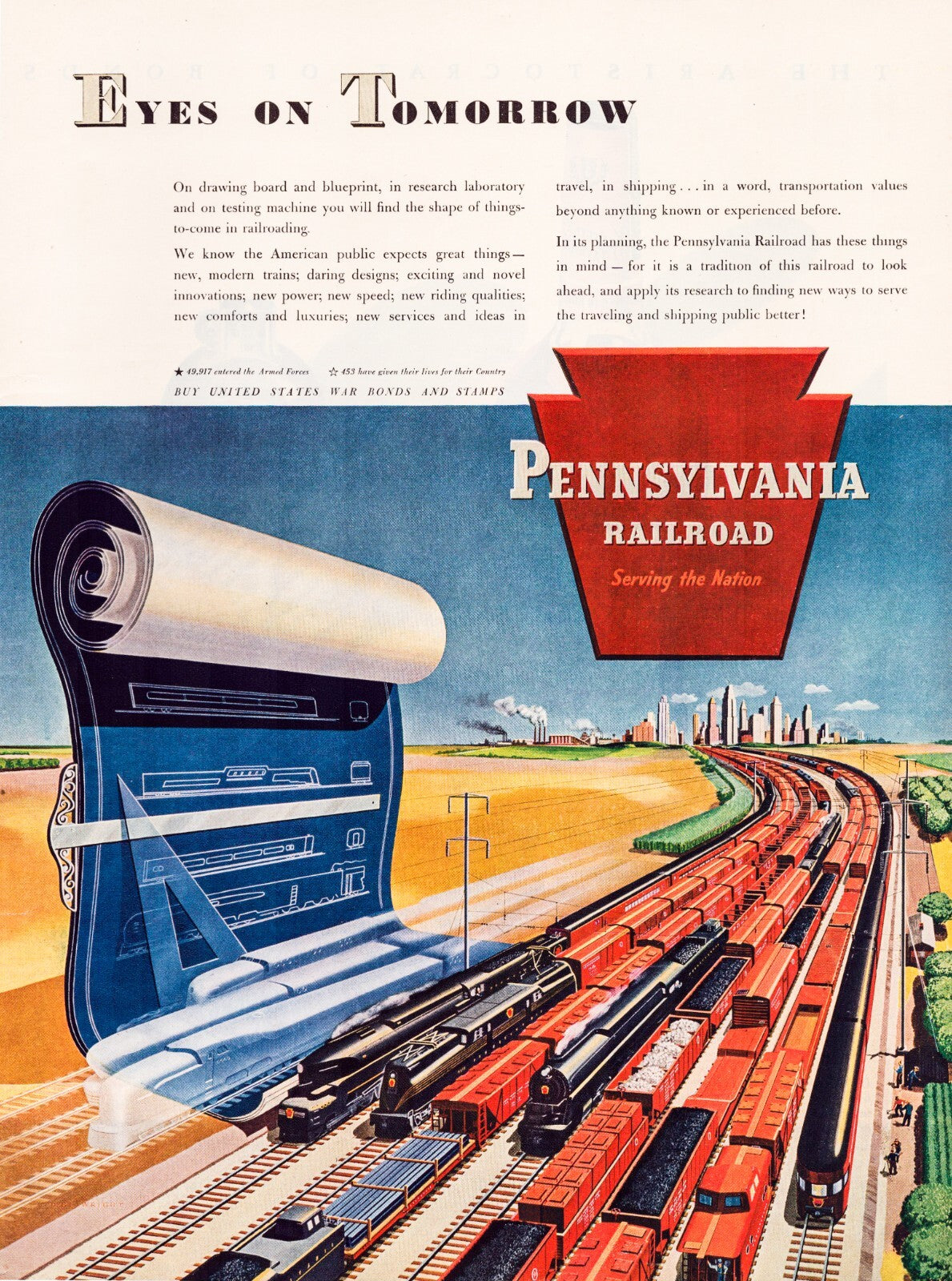 Pennsylvania Railroad 1945 print ad trains rail yard blueprint scroll illustration