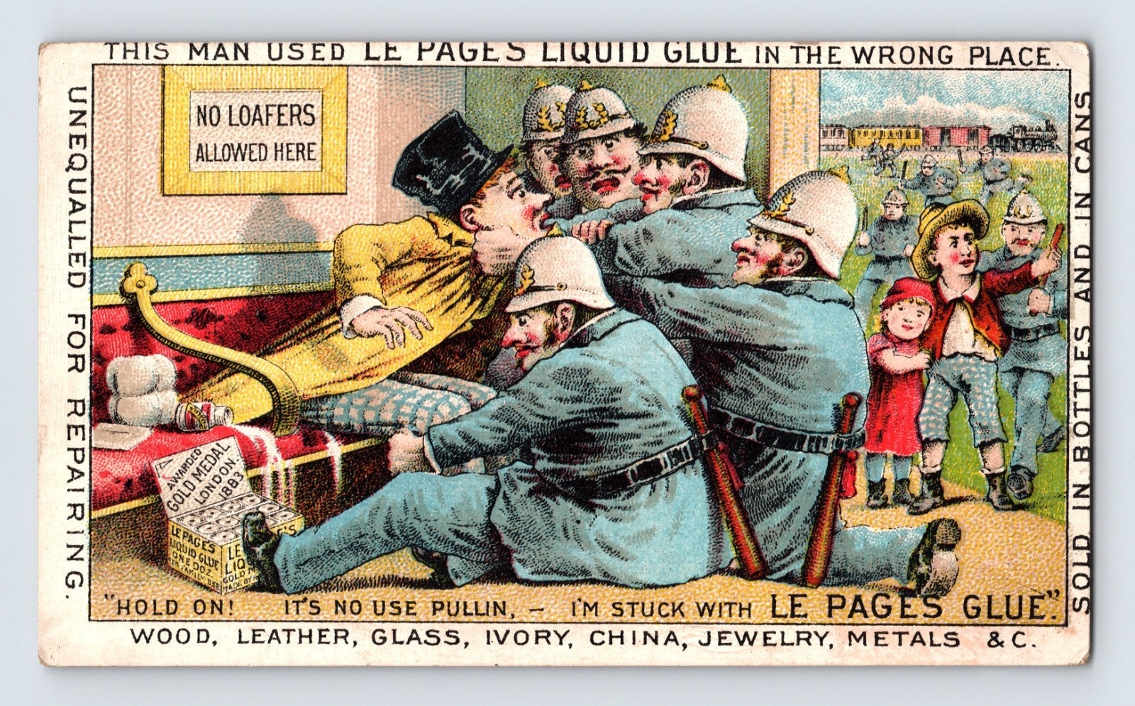 LePage’s Liquid Glue Victorian trade card showing policemen unable to pull a glued man from a bench with humorous chromolithograph advertising artwork.