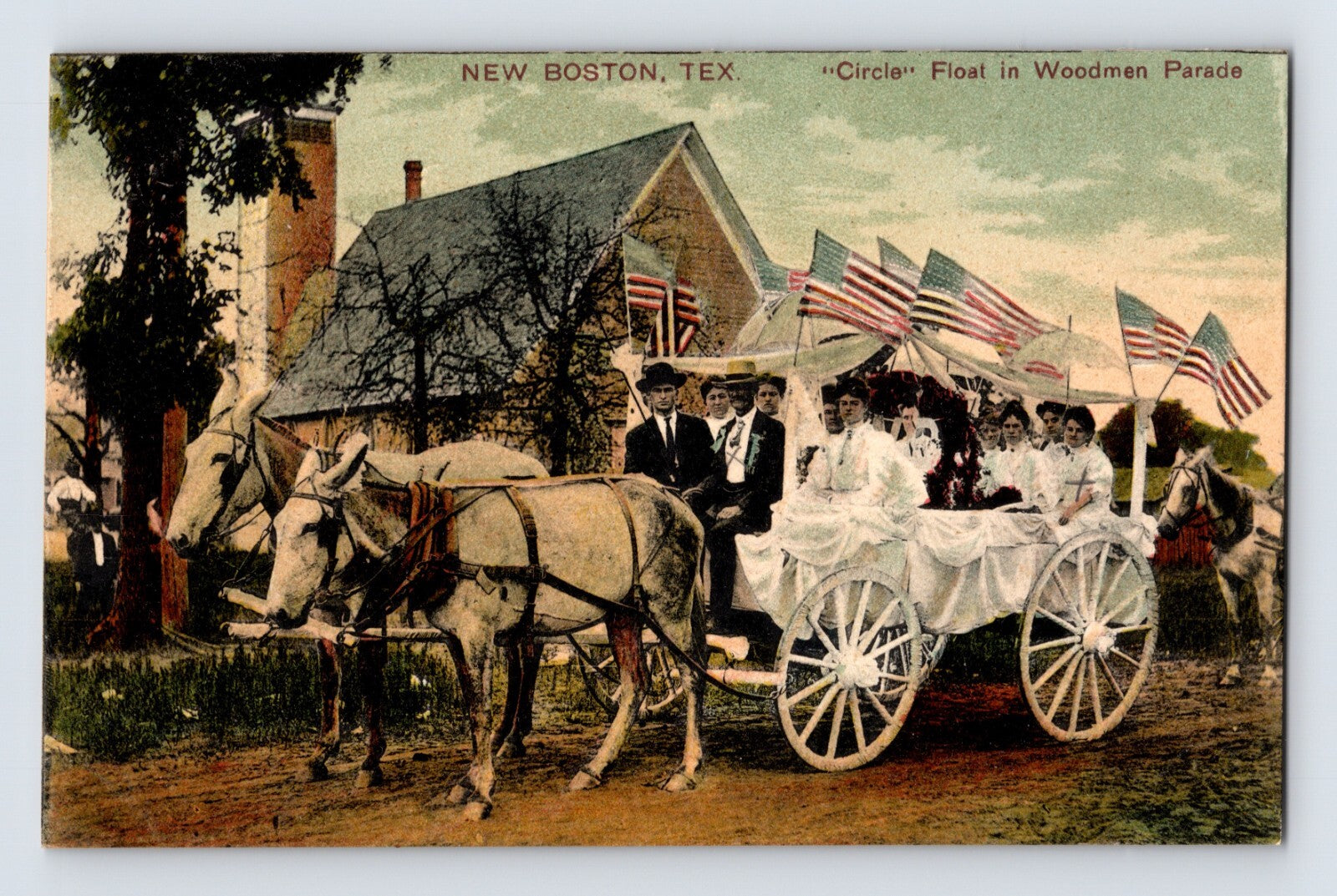 New Boston Texas Woodmen parade float horse drawn wagon American flags 1910s divided back postcard