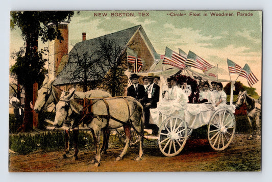 New Boston Texas Woodmen parade float horse drawn wagon American flags 1910s divided back postcard