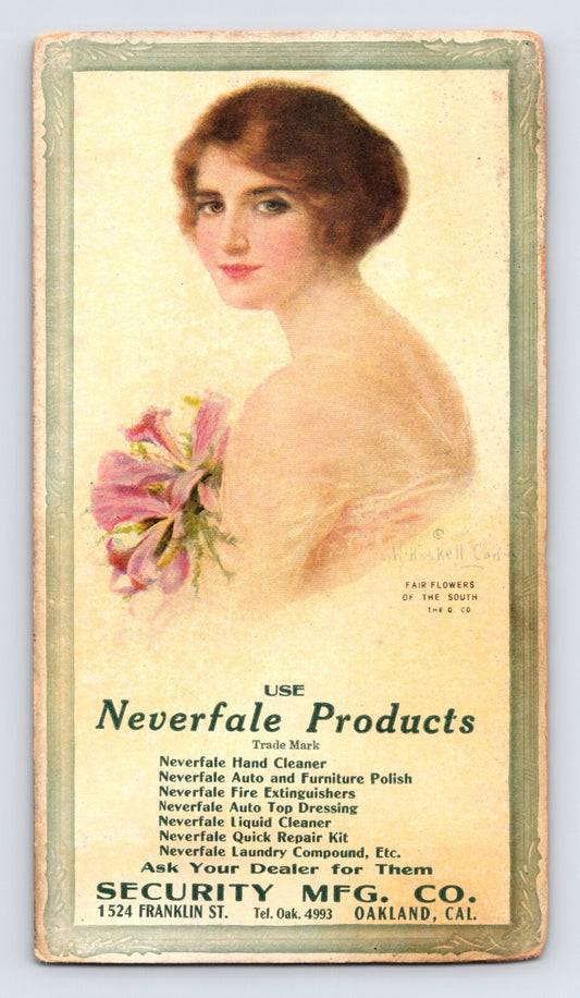 1920s Neverfail Products advertising blotter Oakland California illustrated by William Haskell Coffin with portrait of woman holding flowers