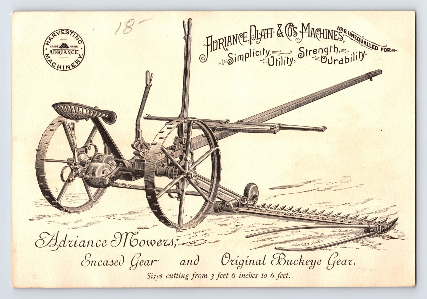 Victorian trade card for Adriance Mowers featuring Hudson River bridge at Poughkeepsie New York with illustrated agricultural mower, 1890s lithograph