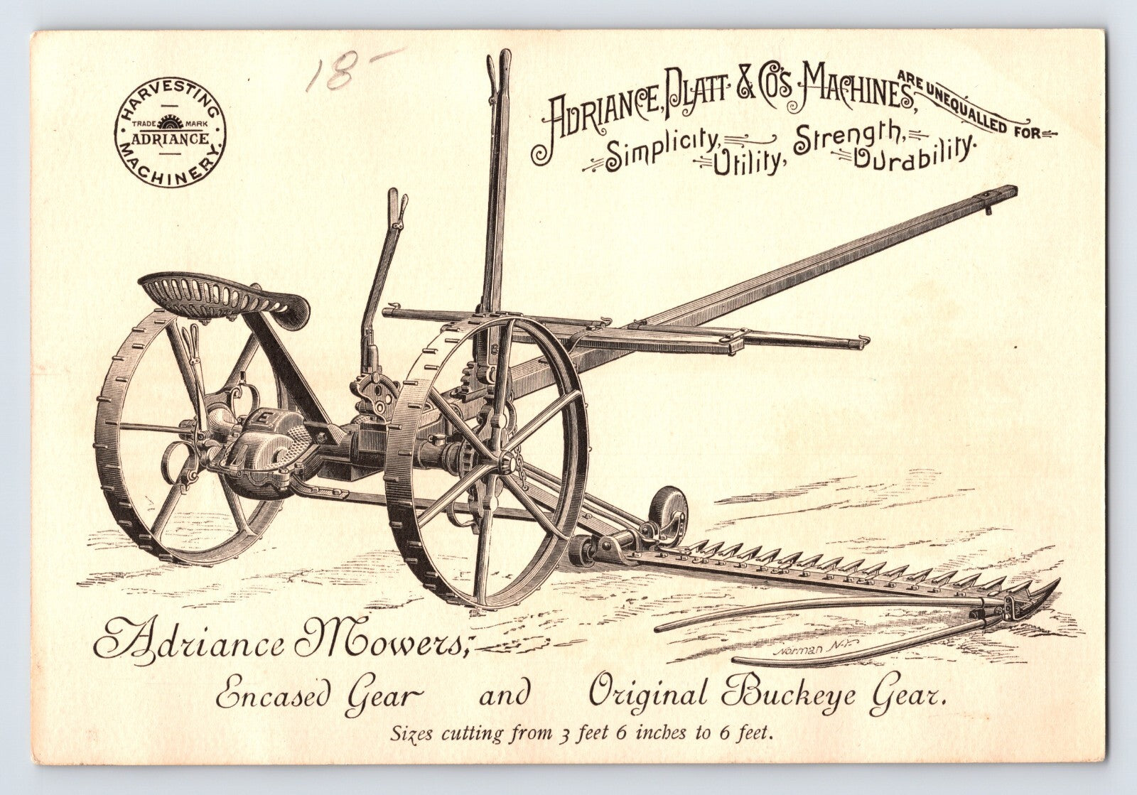 Victorian trade card for Adriance Mowers featuring Hudson River bridge at Poughkeepsie New York with illustrated agricultural mower, 1890s lithograph