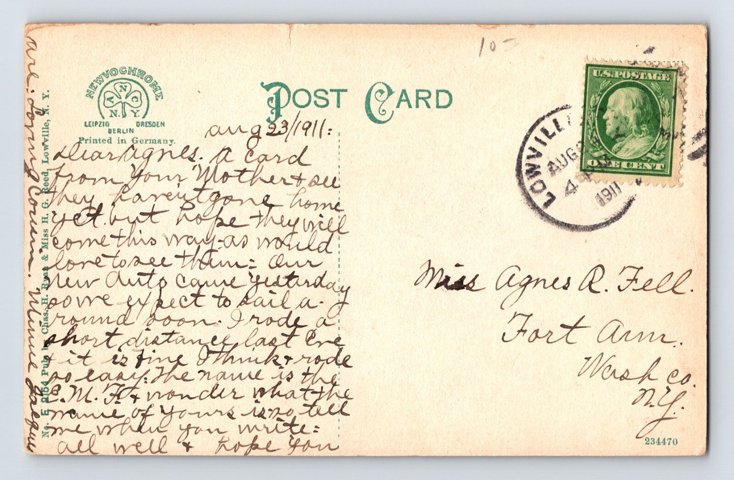 Lowville New York State Street Dirt Road 1911 Postcard Posted Divided Back