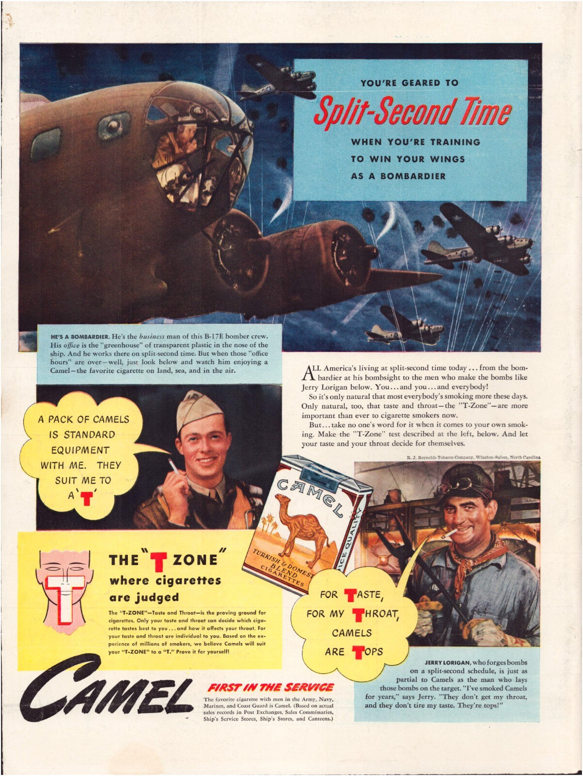 1942 Camel Cigarettes print ad showing World War II bomber crew scene with aircraft in flight and servicemen endorsing cigarettes in illustrated panels