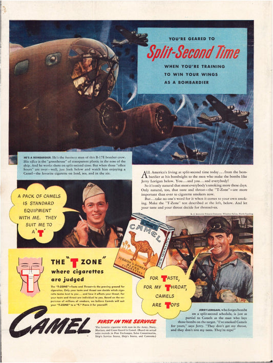 1942 Camel Cigarettes print ad showing World War II bomber crew scene with aircraft in flight and servicemen endorsing cigarettes in illustrated panels
