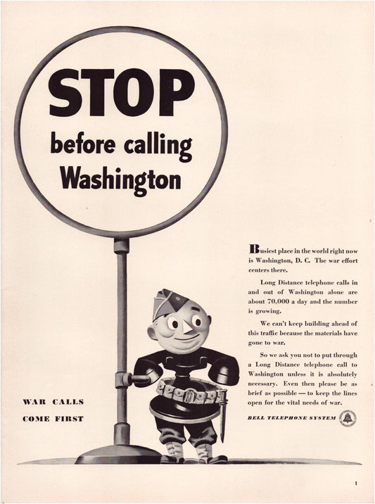 Bell Telephone 1942 wartime print ad stop before calling Washington cartoon figure sign