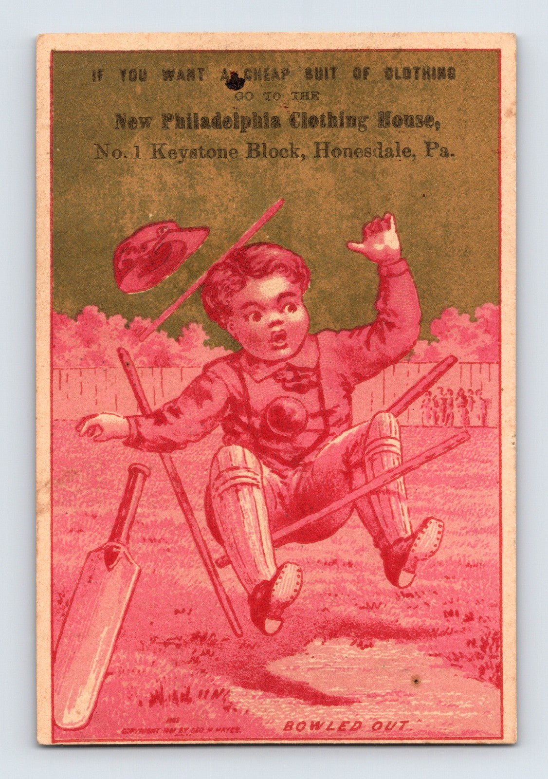 Honesdale Pennsylvania New Philadelphia Clothing House Victorian trade card showing a cricket player being bowled out in a comic sports illustration.