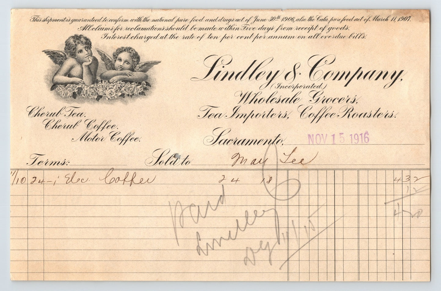 Sacramento California Lindley Company coffee tea billhead cherub angels 1916 invoice