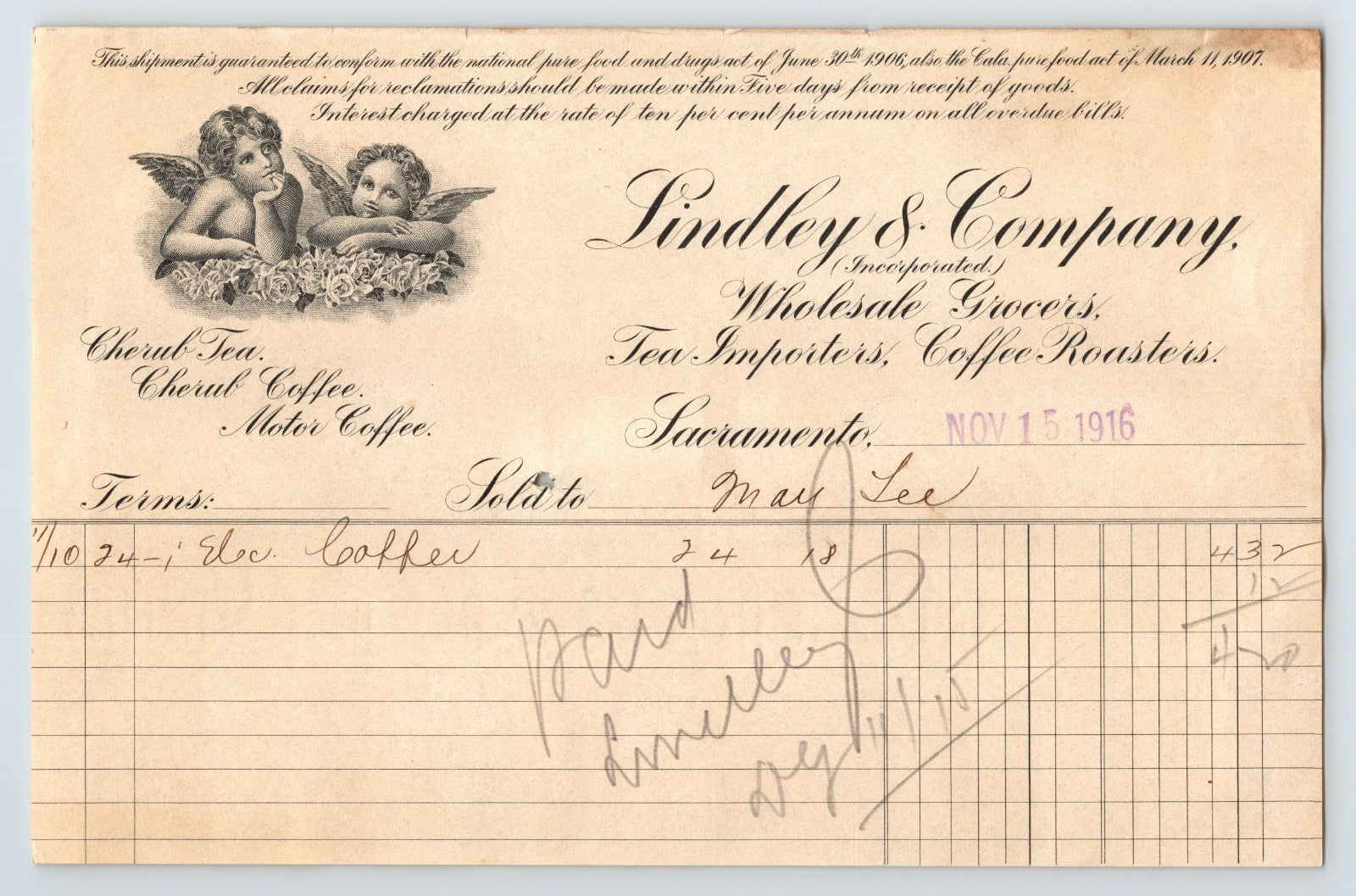 Sacramento California Lindley Company coffee tea billhead cherub angels 1916 invoice