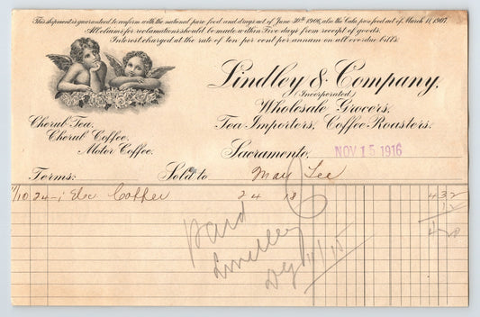 Sacramento California Lindley Company coffee tea billhead cherub angels 1916 invoice