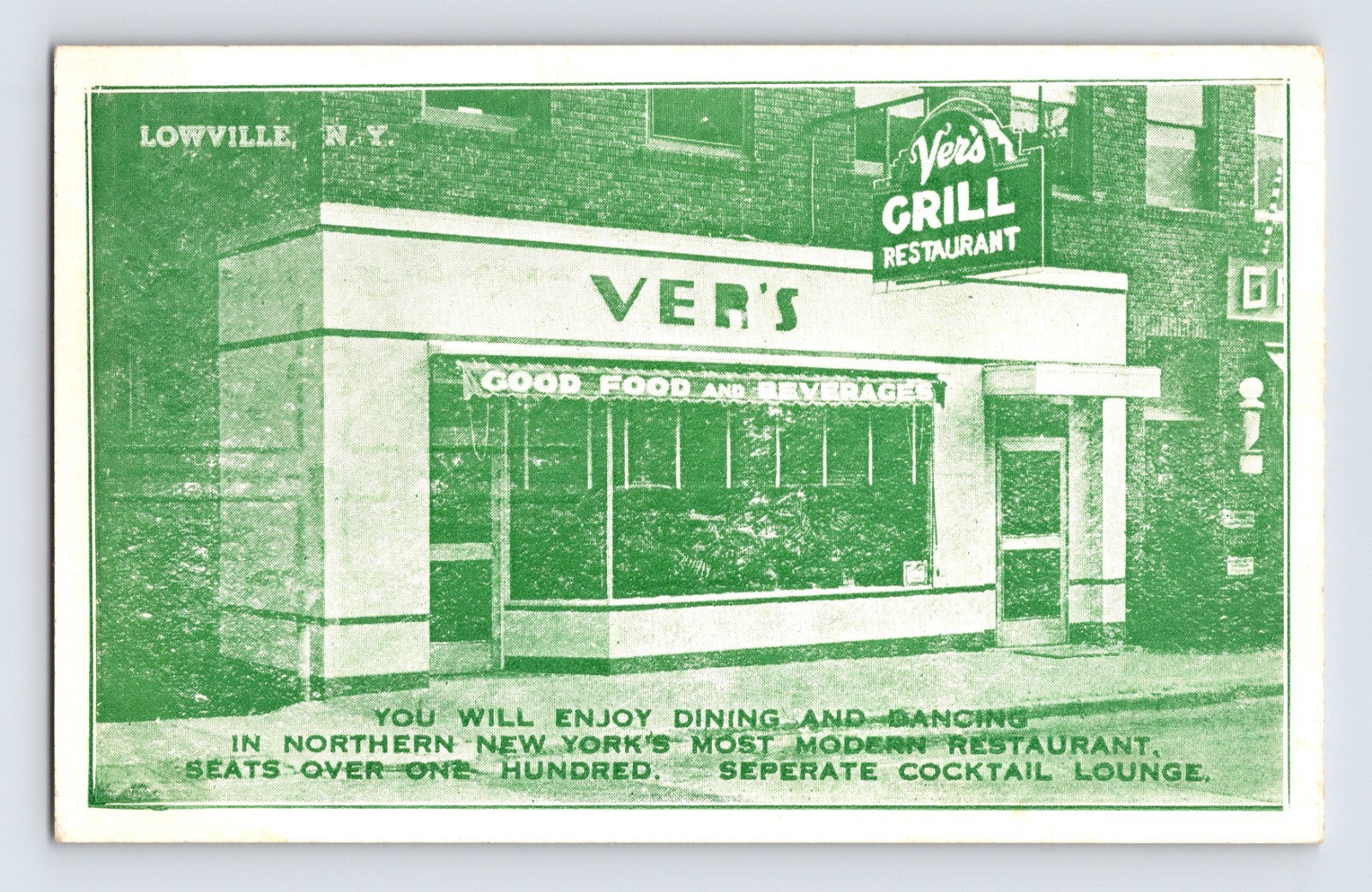 Ver’s Grill Restaurant Lowville New York 1940s dining dancing postcard green print