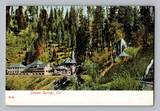 Mount Shasta California Shasta Springs clubhouse forest hillside resort buildings 1910s postcard