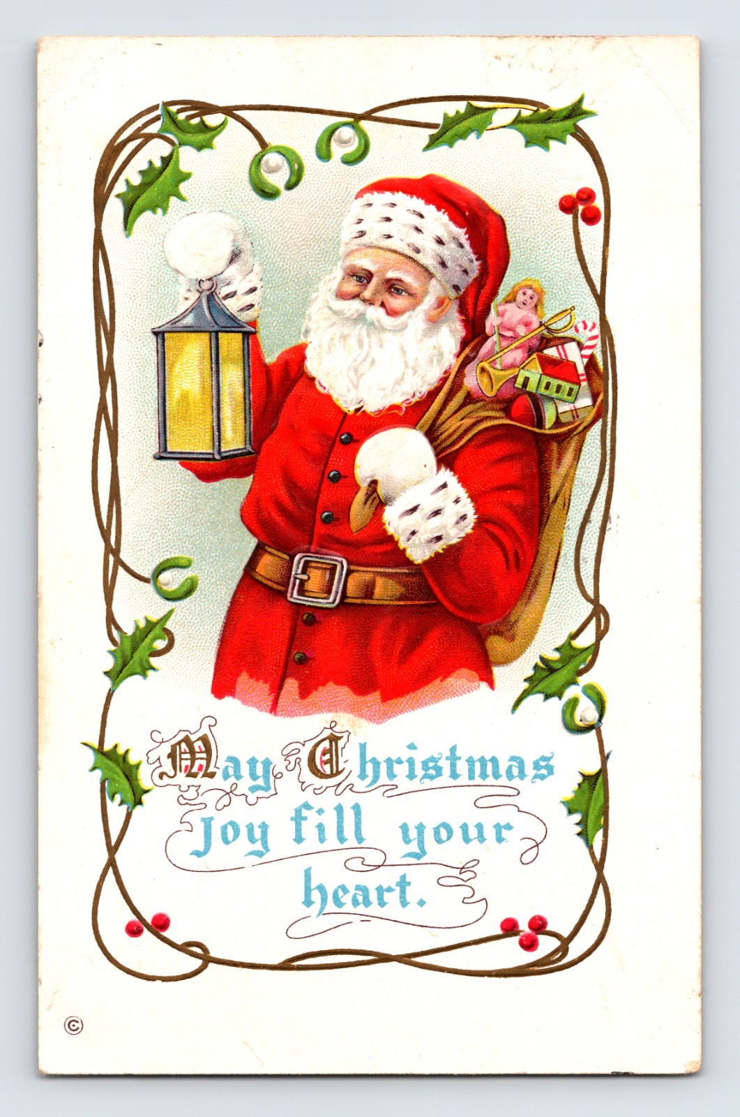 Embossed Christmas postcard featuring Santa Claus holding snowballs and a lantern with a sack of toys framed by holly decorations.
