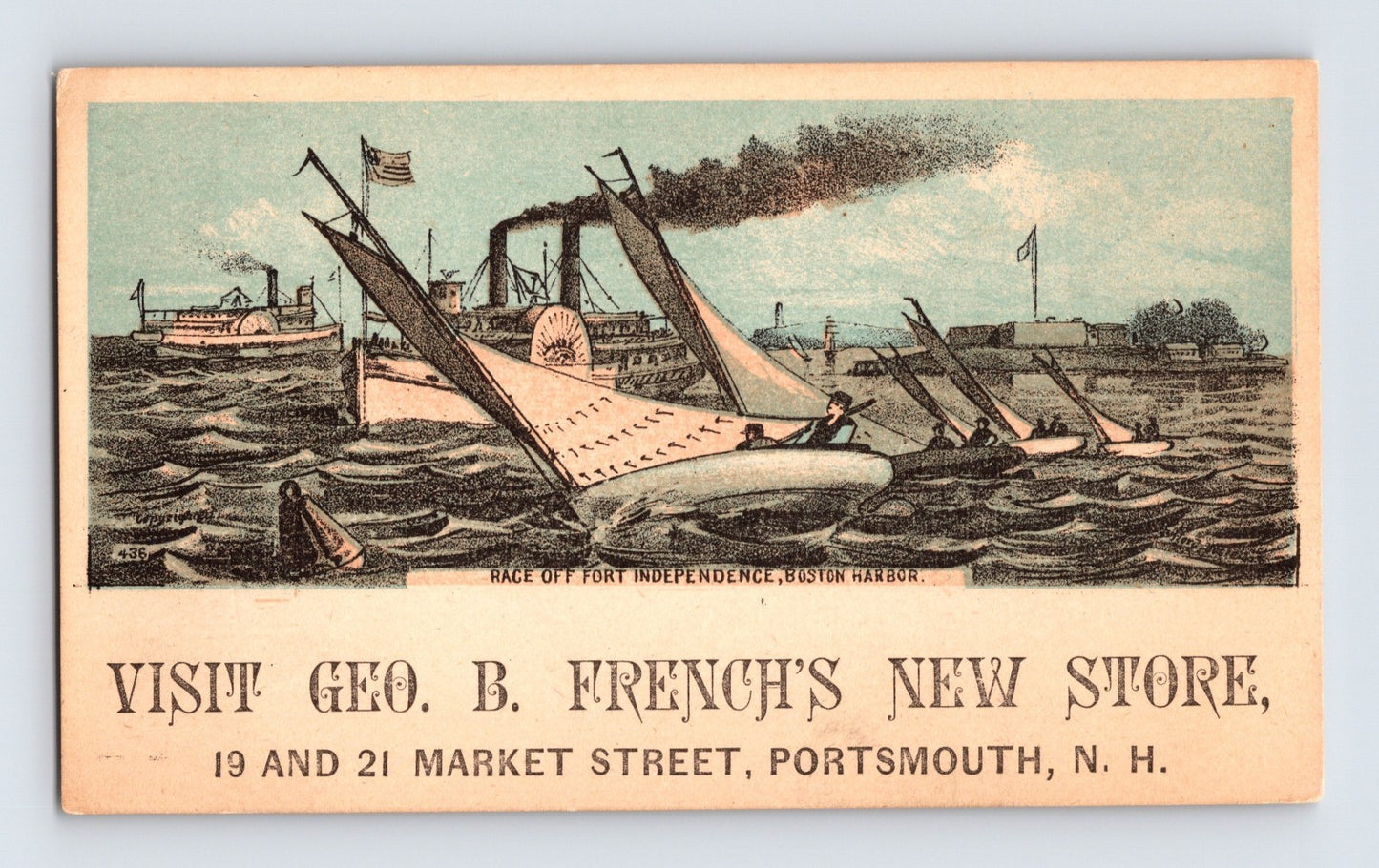 Portsmouth New Hampshire French New Store trade card ships Boston Harbor wreck scene