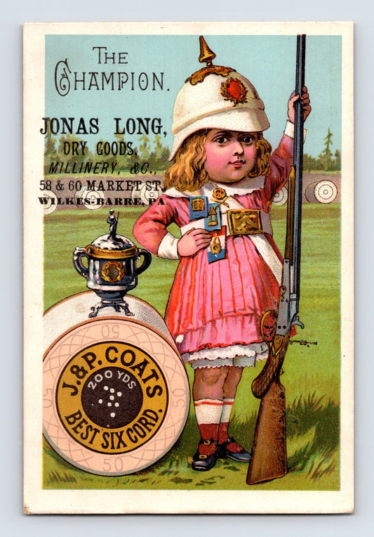 J P Coats Jonas Long Wilkes Barre trade card child rifle shooting medals 1890s